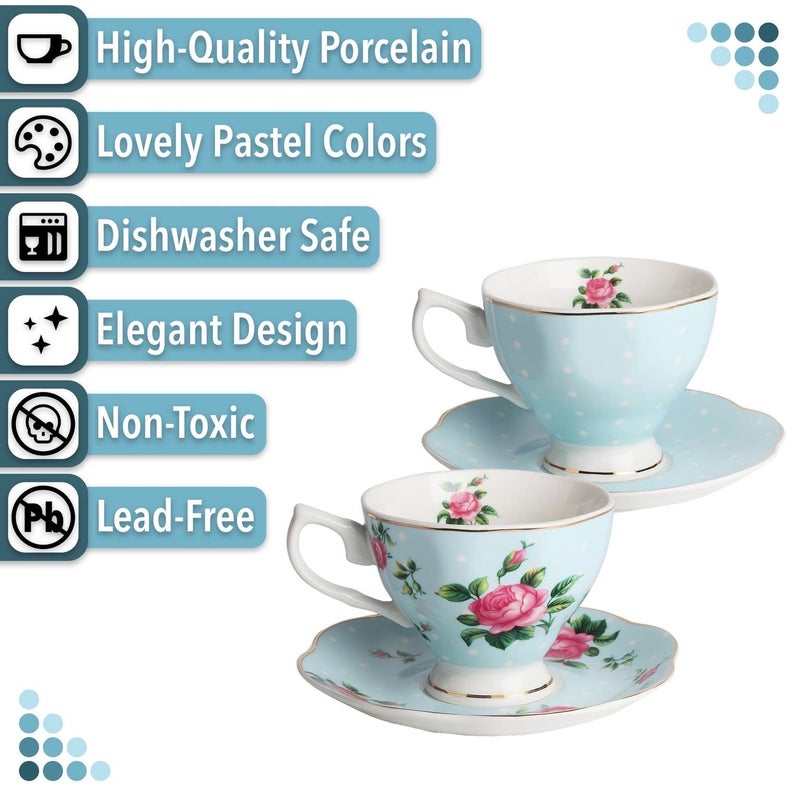 Brew To A Tea BTaT- Floral Tea Cups and Saucers, Set of 2, 8oz, with Gold Trim, Coffee Cups, Floral Tea Cup Set, British Tea Cups, Porcelain Tea Set, Tea Sets for Women - Image 4